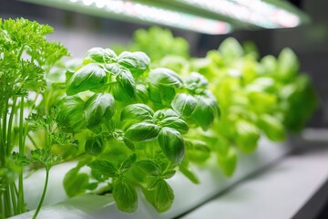 Green basil and parsley growing indoors under artificial lights in a hydroponic system during afternoon hours