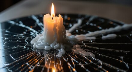 Burning Candle on Shattered Mirror with Dripping Wax, Dark Ambiance