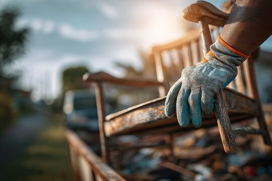 Someone in gloves lifts a worn-out wooden chair from a truck during a community cleanup event in the afternoon sunlight