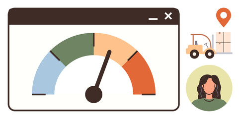 Color-coded gauge in web window, forklift loading boxes, location pin, and user avatar. Ideal for logistics, performance tracking, efficiency, ecommerce, supply chain monitoring resource