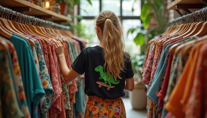 Young woman with blonde ponytail selects colorful floral print clothes from racks in cozy boutique. Wears black t-shirt with dinosaur graphic print, patterned skirt shopping for new outfit. Natural