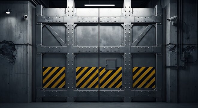 Heavy industrial metal elevator doors with caution stripes illuminated by overhead lighting creating a sense of mystery and security in a dimly lit gritty environment