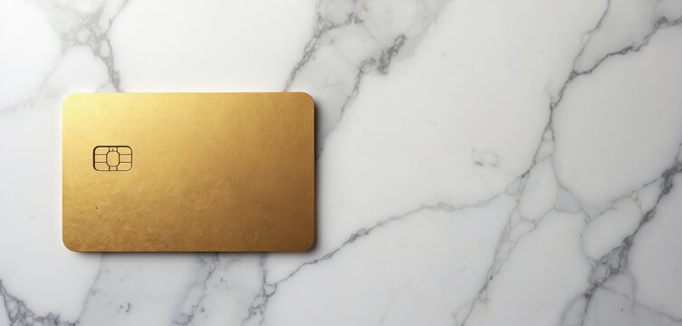 Blank gold credit card with EMV chip rests on elegant white marble texture. Represents luxury, premium services, exclusive banking, VIP financial programs, wealth management. Image conveys high end