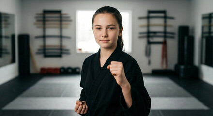 Portrait of Confident Teenage Girl in Black Gi Standing in Martial Arts Ready Stance
