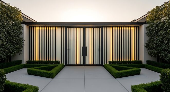 Modern architectural entrance with illuminated vertical slats and geometric manicured hedges creating a striking symmetrical facade and pathway leading to a grand gate
