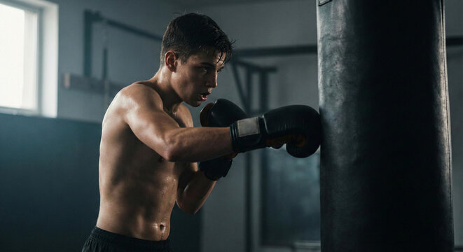 Intense Gritty Portrait of Teenage Boy Boxing on Heavy Bag in Gym