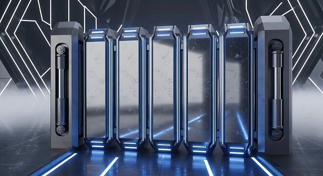 Sleek futuristic smartphones lined up in a row with glowing blue lights and a metallic geometric background representing technology and innovation