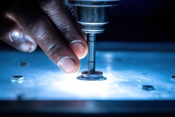 Precision work on a mechanical component in a dimly lit workshop with a focused hand guiding the tool