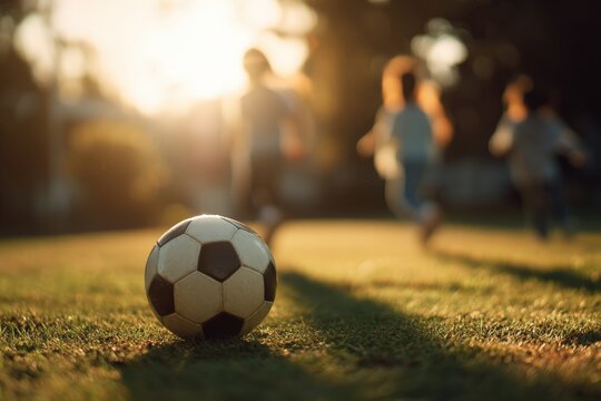 Soccer Ball on Green Field with Kids Running in Morning Light