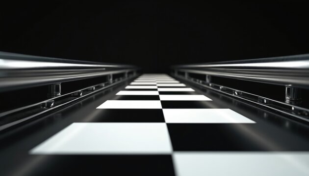 Abstract image of black white checkered track with shiny metal railings leading into dark. Road represents speed, progress, challenge. Concept of racing, strategy, achieving goals, moving forward.