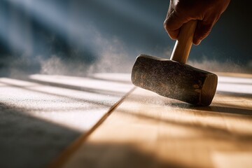 Crafting wood with a mallet in a sunlit workshop, capturing the art of woodworking in action