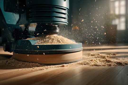 Woodworking tool in action creates a cloud of sawdust on a polished floor during a sunny afternoon