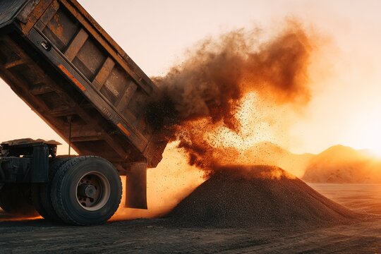 Dust rises as a dump truck unloads gravel at a construction site during sunset in a rural area