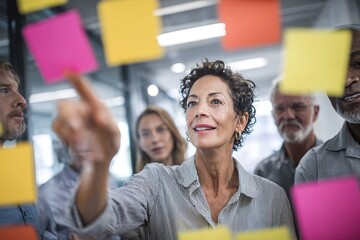 Team brainstorming session in a modern office with colorful sticky notes being used for ideas
