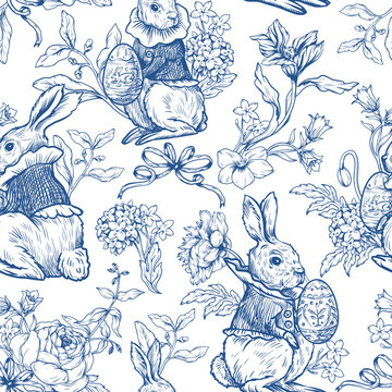 Easter rabbit seamless vector pattern with eggs flowers vintage toile style holiday design