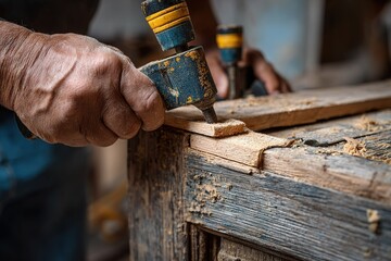Crafting a wooden piece with skillful hands in a workshop during the afternoon