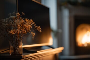 Cozy living room with warm lighting and decorative flowers near a fireplace
