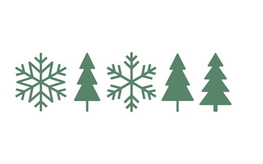 Fototapeta premium Green christmas trees and snowflakes arranged in a row on a white background simple holiday illustration