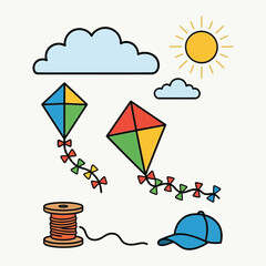 Colorful kites flying in a sunny sky with clouds, a string spool, and a cap