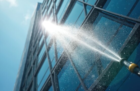 High pressure water jet cleans modern glass building facade. Bright sunlight reflects on windows, creating sparkling shine. Building maintenance work ensures clean exterior. Urban skyscraper gets