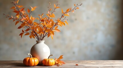 Autumn still life with orange leaves in a vase and small pumpkins on wood