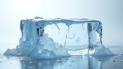 Melting ice cube on a light blue background, showing water droplets and frost