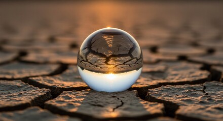 Crystal ball reflects cracked earth in parched landscape at sunset.
