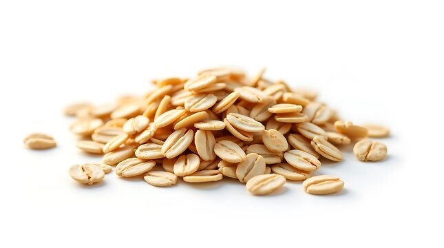 Pile of healthy oat flakes, a nutritious breakfast cereal, isolated on white background