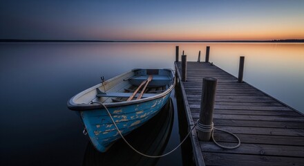 Blue rowboat moored to a wooden pier at sunset on a calm lake.