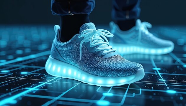 Futuristic glowing sneakers rest on digital network surface. Smart activewear blends high tech design with performance, indicating progress in athletic innovation and connectivity. Future of footwear. - Powered by Adobe