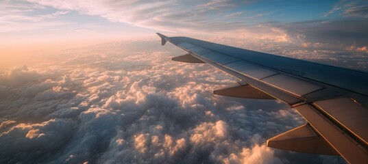 Naklejka premium Golden Hour View from Airplane Window with Dreamy Cloudscape
