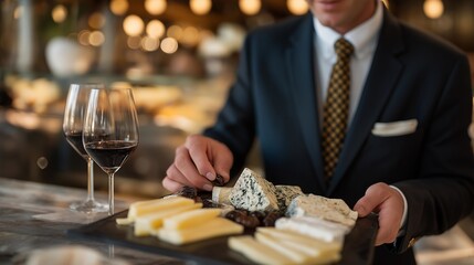 A sommelier pairing wines with artisanal cheeses at an upscale cheese bar, arranging textures and flavors in a visually appealing spread — gourmet pairing expertise, culinary harmony, and elevated