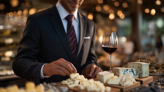 A sommelier pairing wines with artisanal cheeses at an upscale cheese bar, arranging textures and flavors in a visually appealing spread — gourmet pairing expertise, culinary harmony, and elevated