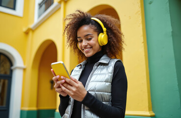 Young smiling Latin woman with curly hair wears bright yellow headphones. Uses modern mobile smartphone device in vibrant, colorful urban city street. Teen girl browses various digital content,