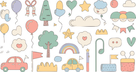 Naklejka premium Cute Pastel Doodle Icon Set Hand Drawn Line Art for Kids and Party