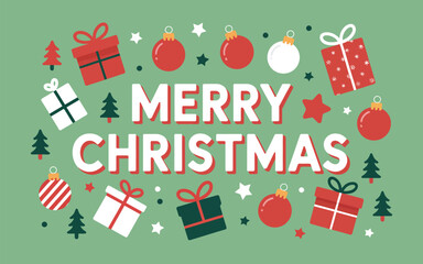 Merry christmas text with gift boxes, christmas tree, ornaments and stars on a green background design