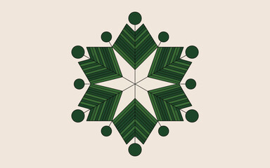 A symmetrical star shape with green striped leaves and green dots on a light cream background art
