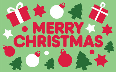 A festive christmas background with gifts, trees, stars, ornaments and the words merry christmas