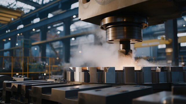 An industrial gear press forging large steel gears in a manufacturing plant, sparks and steam rising as powerful hydraulic machines shape heavy-duty components — heavy industry engineering, metal