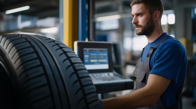 A tire technician balancing a high-performance wheel on a digital machine, glowing screen showing vibration levels while the tire spins at high speed — precision tire balancing, modern automotive - Powered by Adobe