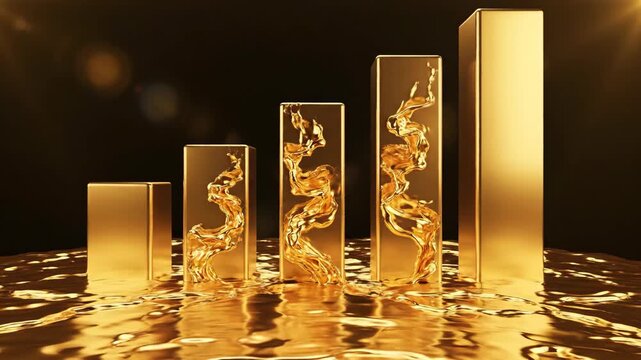 Abstract animation of golden bars emerging from molten liquid. Rising metallic structures in fluid gold form. Growth and transformation concept in digital visualization.
