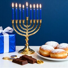 Festive Hanukkah arrangement with a lit golden menorah, a plate of powdered sufganiyot doughnuts, chocolate pieces, and gold gelt coins on a blue background.
