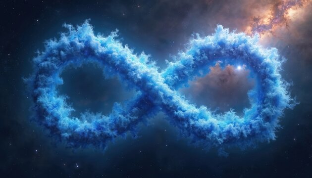 Blue nebula forms infinity symbol in deep space. Swirling cosmic dust with stars and distant galaxy creates abstract eternal pattern. Infinite universe imagery.