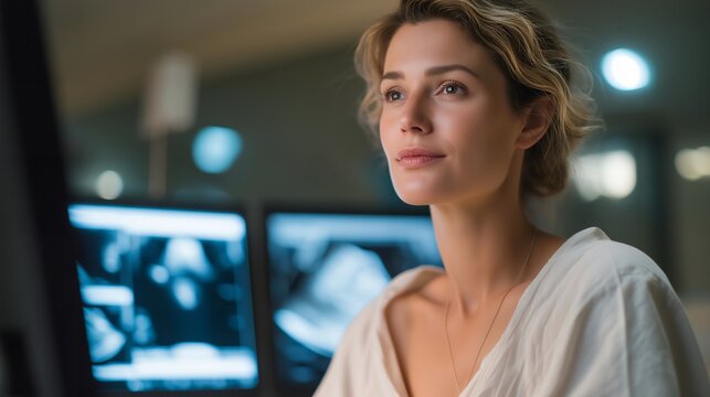 A clinician performing a breast ultrasound in a modern imaging suite, the patient relaxed as detailed tissue scans appear clearly on a large display — women’s health diagnostics, early detection - Powered by Adobe
