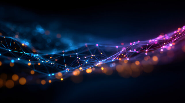 Abstract network connection with glowing nodes in blue and pink representing digital connectivity and modern technology innovation.