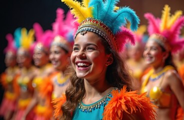 Fototapeta premium Young girl wears colorful costume with feathers on head. She smiles brightly with her friends behind her on stage. They perform music and dance.