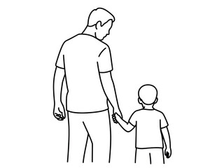 A father and his son walk hand in hand, depicted in a simple line drawing.