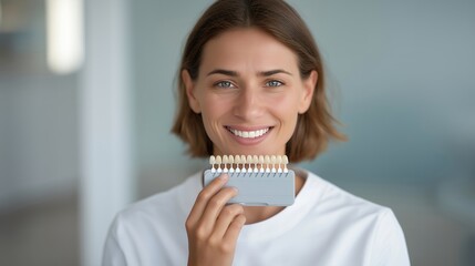 A dental hygienist holding a shade guide against a patient’s teeth to match enamel tone before whitening treatment, soft ring-light illumination adding clarity — cosmetic dentistry, enamel shade