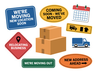 Collection of signs and icons related to relocation and moving business operations.