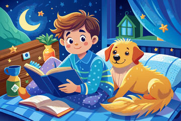 Naklejka premium A young boy in soft blue pajamas reading a book on a cozy blanket with a golden retriever by his side, a sweet childhood moment, a quiet home scene and a warm atmosphere of family togetherness.